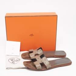Hermes Green Ostrich Leather Oran Sandals Size 40.5