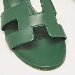 Pre Owned Hermes Green Leather Oran Slides Size 36.5  