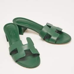 Pre Owned Hermes Green Leather Oran Slides Size 36.5  