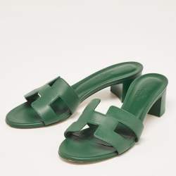 Pre Owned Hermes Green Leather Oran Slides Size 36.5  
