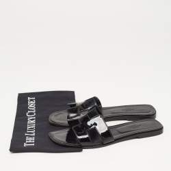 Hermes Black Patent Oran Slide Flats Size 40