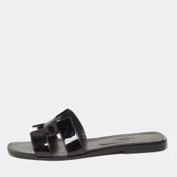 Hermes Black Patent Oran Slide Flats Size 40