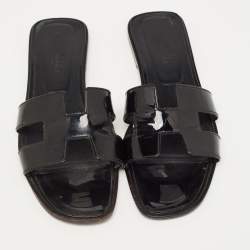 Hermes Black Patent Oran Slide Flats Size 40