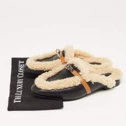 Hermes Black/Beige Leather and Shearling Fur Oz Flat Mules Size 40