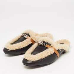 Hermes Black/Beige Leather and Shearling Fur Oz Flat Mules Size 40