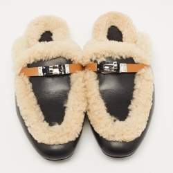Hermes Black/Beige Leather and Shearling Fur Oz Flat Mules Size 40