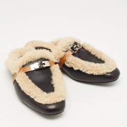 Hermes Black/Beige Leather and Shearling Fur Oz Flat Mules Size 40