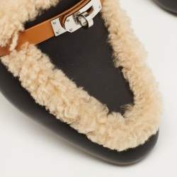 Hermes Black/Beige Leather and Shearling Fur Oz Flat Mules Size 40