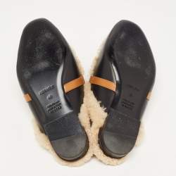 Hermes Black/Beige Leather and Shearling Fur Oz Flat Mules Size 40