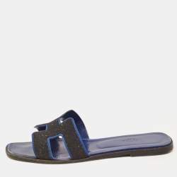 Hermes Black/Blue Suede Crystal Embellished Oran Flat Slides Size 40 