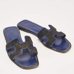 Hermes Black/Blue Suede Crystal Embellished Oran Flat Slides Size 40 