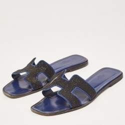 Hermes Black/Blue Suede Crystal Embellished Oran Flat Slides Size 40 