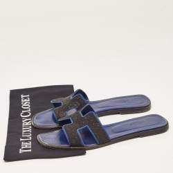 Hermes Black/Blue Suede Crystal Embellished Oran Flat Slides Size 40 