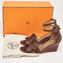 Hermes Burgundy Leather Legend Wedge Sandals Size 37.5