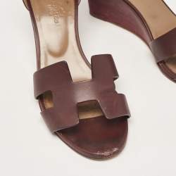 Hermes Burgundy Leather Legend Wedge Sandals Size 37.5