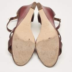 Hermes Burgundy Leather Legend Wedge Sandals Size 37.5