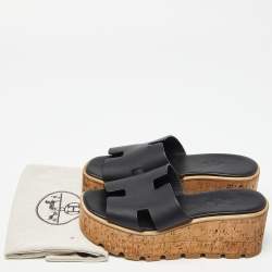Hermes Black Leather Eze Platform Sandals Size 37