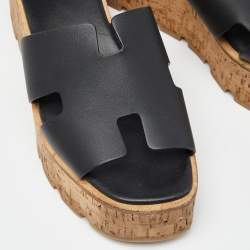 Hermes Black Leather Eze Platform Sandals Size 37