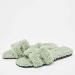 Hermes Green Fur Oran Flat Slides Size 39