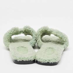 Hermes Green Fur Oran Flat Slides Size 39