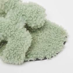 Hermes Green Fur Oran Flat Slides Size 39