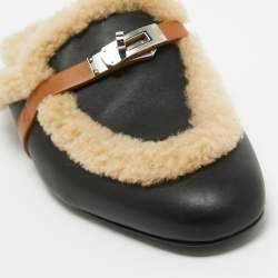Pre Owned Hermes Black/Beige Leather and Fur Oz Flat Mules Size 40