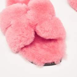 Hermes Pink Fur Oran Flat Slides Size 39