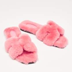 Hermes Pink Fur Oran Flat Slides Size 39