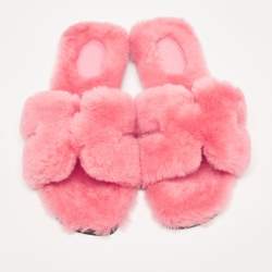 Hermes Pink Fur Oran Flat Slides Size 39