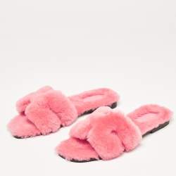 Hermes Pink Fur Oran Flat Slides Size 39