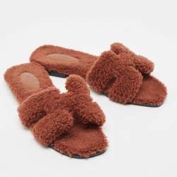 Hermes Brown Fur Oran Flat Slides Size 37