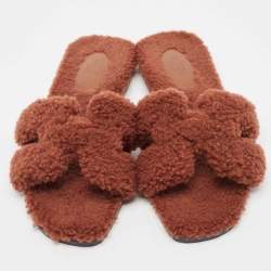 Hermes Brown Fur Oran Flat Slides Size 37