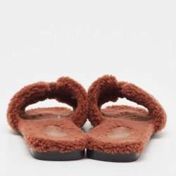 Hermes Brown Fur Oran Flat Slides Size 37