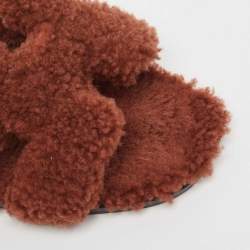 Hermes Brown Fur Oran Flat Slides Size 37