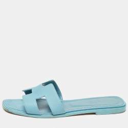 Hermes Blue Textured Leather Oran Flat Slides Size 39.5