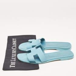 Hermes Blue Textured Leather Oran Flat Slides Size 39.5