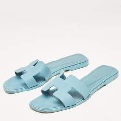 Hermes Blue Textured Leather Oran Flat Slides Size 39.5