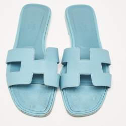 Hermes Blue Textured Leather Oran Flat Slides Size 39.5