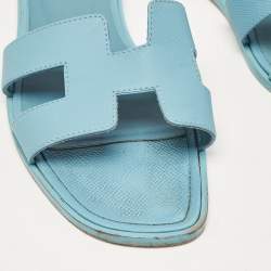 Hermes Blue Textured Leather Oran Flat Slides Size 39.5