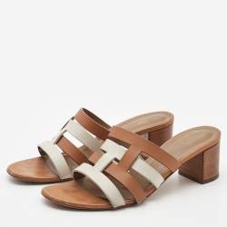 Hermes Brown/White Leather Amica Sandals Size 39.5