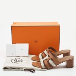 Hermes Brown/White Leather Amica Sandals Size 39.5