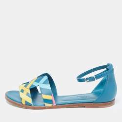 Hermes Blue Leather Santorini Ankle Strap Sandals Size 37.5