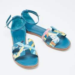Hermes Blue Leather Santorini Ankle Strap Sandals Size 37.5