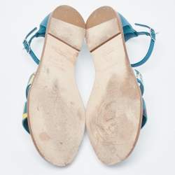 Hermes Blue Leather Santorini Ankle Strap Sandals Size 37.5