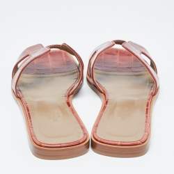Pre Owned Hermes Brown Patent Crocodile Oran Flat Slides Size 40