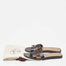 Hermes Black Leather Oran Flat Slides Size 37
