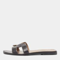 Hermes Black Leather Oran Flat Slides Size 37