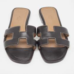 Hermes Black Leather Oran Flat Slides Size 37