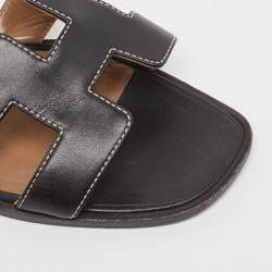 Hermes Black Leather Oran Flat Slides Size 37