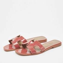 Hermes Pink Patent Leather Oran Flat Slides Size 39